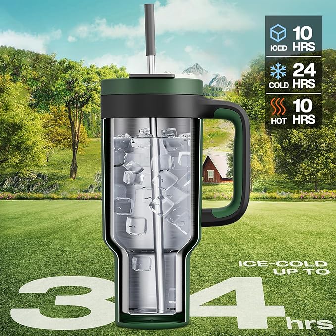 POWCAN 40 oz Tumbler with Handle, 2-in-1 Straw and Sip Lid, Leakproof, Dishwasher Safe, Insulated Stainless Steel Travel Coffee Mug, Keeps Cold for 34 Hours, Fits in Car Cup Holder (Forest) - Bloomnest