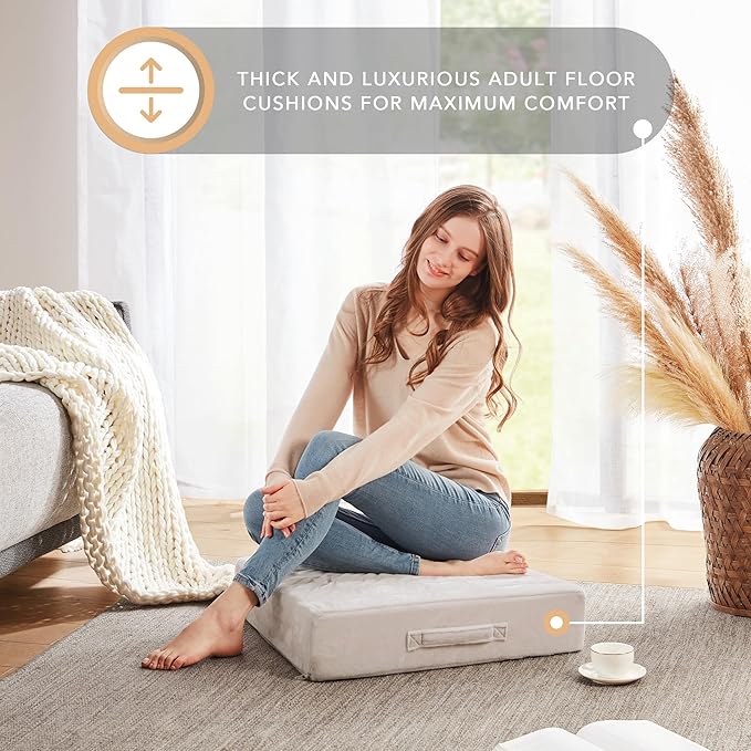 Codi High Density Foam Floor Pillow 2 Sets, Large Meditation Cushions Seating for Adults and Yoga Sitting, Washable Thick Couch Cushion with Soft Tufted Covers - 22 inch Ivory