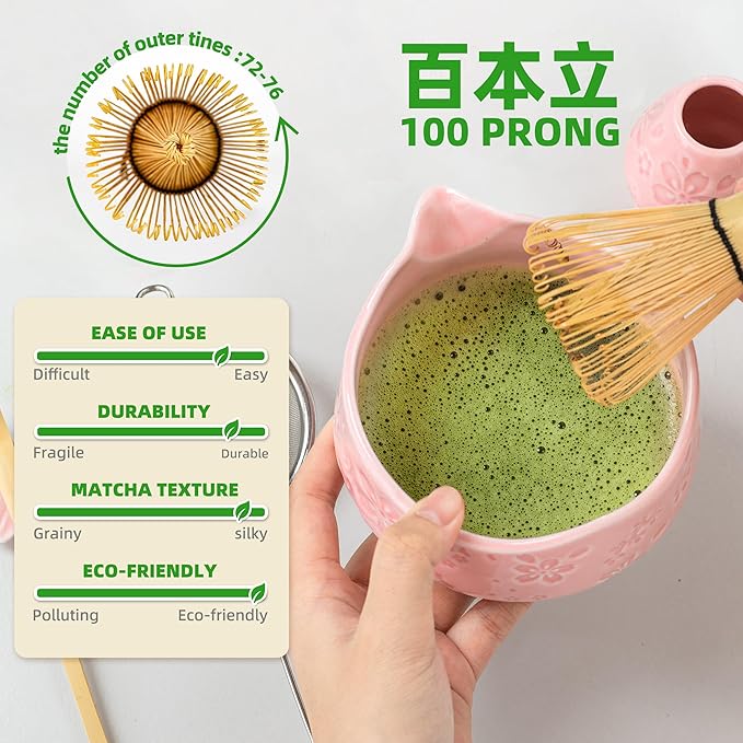 TEANAGOO 7-PCS Pink Matcha Whisk Set with Cherry Blossom Design, Complete Ceremony Kit, Ceramic Chawan Bowl with Spout, Whisk & Accessories, Traditional Matcha Tea Set for Lattes& Gift Giving - Bloomnest
