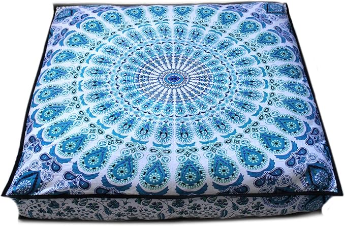 INDIAN CRAFT CASTLE 24" Green Peacock Mandala Barmeri Large Floor Pillow Cover Cushion Meditation Seating Ottoman Throw Cover Hippie Decorative Zipped Bohemian Pouf Ottoman Pom Pom Cases 24" Square - Bloomnest