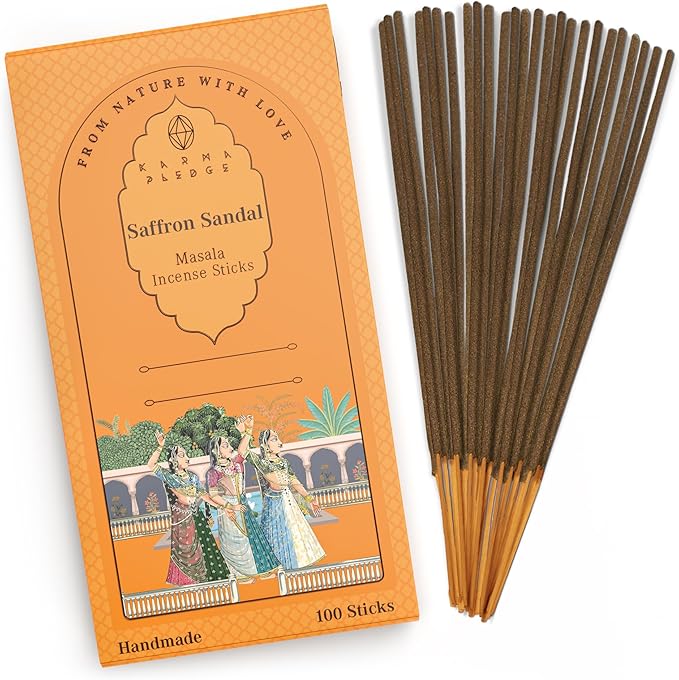Incense Sticks, Saffron Sandal Incense, Pack of 100 Stick, Hand Rolled Aromatic Masala Made with Natural Ingredients, 45-60 Minute Burn Time, Best for Home Fragrance, Meditation, Yoga, Relaxation KARMAPLEDGE