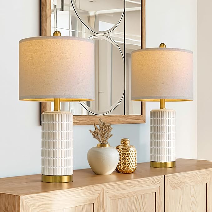 PoKat Small Bedside Table Lamps with USB Ports for Bedroom, 21.5'' White Nightstand Lamps for Night Stands, Modern Ceramic Bedroom Lamps for Living Room End Table, White and Beige - Bloomnest
