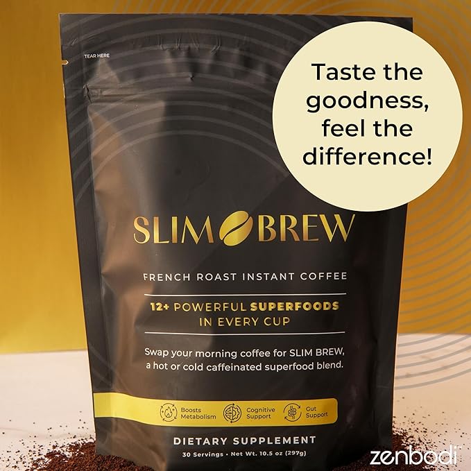 zenbodi Slim Brew French Roast Instant Coffee - 10.5 oz Superfood Coffee, Dietary Supplement, 12 Superfoods Including Maca Root, Panax Ginseng Extract, Turmeric Root, Kale Leaf, and More, 30 Servings - Bloomnest