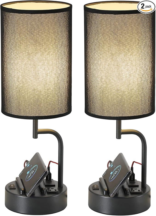 Dreamholder Table Lamp with 3 USB Charging Ports, Modern Desk Lamp with AC Outlet and Phone Stands, Perfect Bedside Lamp for Bedroom, Living Room, Office (Pack of 2), Black - Bloomnest