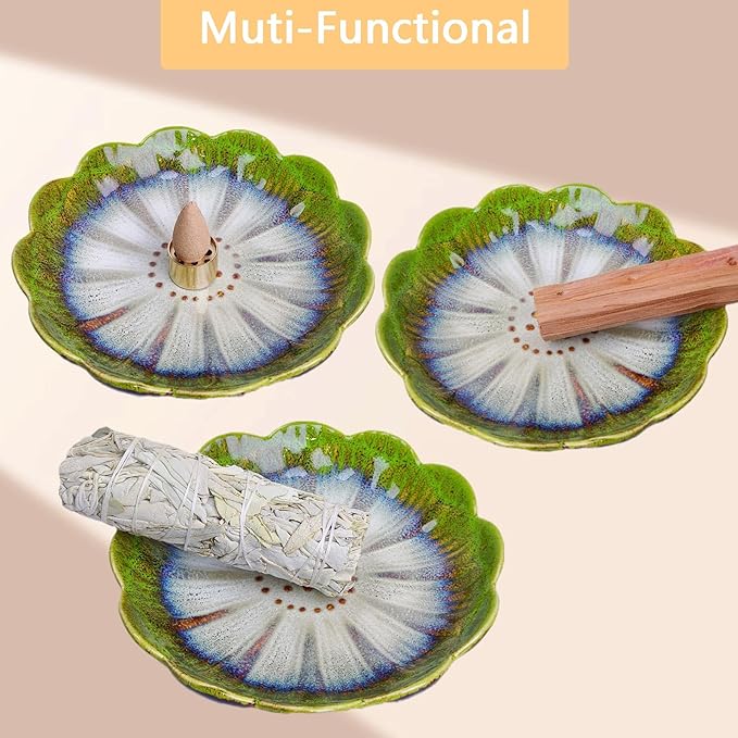 Ceramic Incense Holder for Sticks, Handmade Incense Burner Trays with 3 Pcs Incense Holes, Multi-Purpose Ash Catcher for Coils, White Sage & Palo Santo, Smudge Bowl for Meditation, Yoga, Decor (Green)