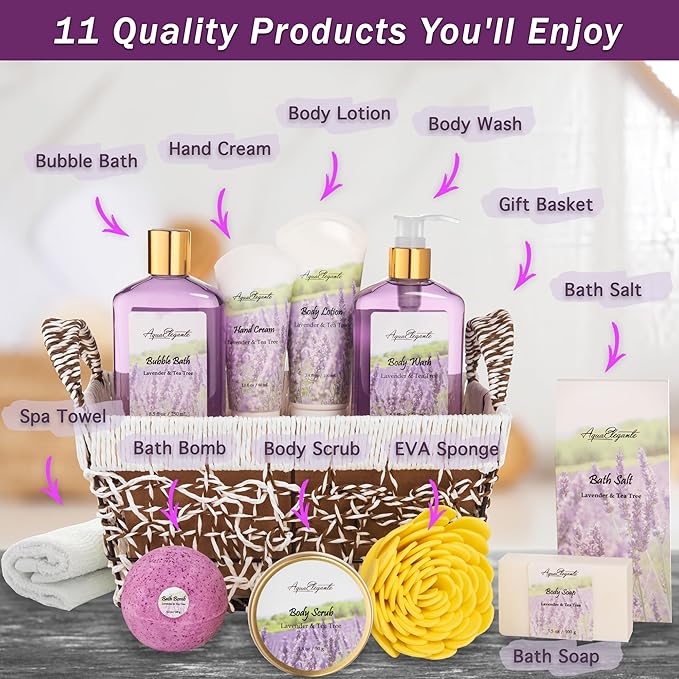 Spa Baskets For Women - Luxury Bath Set With Lavender & Tea Tree Oil - Spa Kit Includes Wash, Bubble Bath, Lotion, Bath Salts, Body Scrub, Hand Cream, Shower Puff, Bathbombs, Soap and Towel - Bloomnest
