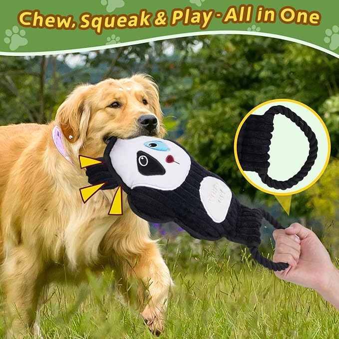 2-Pack Squeaky Dog Toys & Tough Tug of War Set - No Stuffing Chew-Resistant Plush Toys to Keep Them Busy, Best Birthday Gift for Small/Medium/Large Breeds (Panda & Dino) - Bloomnest