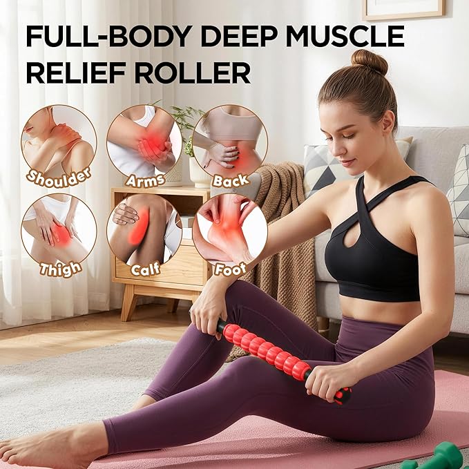 Muscle Roller & Massage Roller Stick for Athletes - Lymphatic Drainage Support, Relieves Muscle Soreness, Cramping & Tightness - Targets Legs, Arms, Back & Calves （Red - 18inch） - Bloomnest