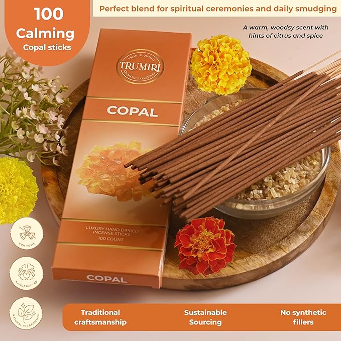 Copal Incense Sticks - Pack of 100 Insence-Sticks for Spiritual Purification - Made with Natural Non Toxic Incienso De Copal - Scented Insense Agarbatti Incents TRUMIRI