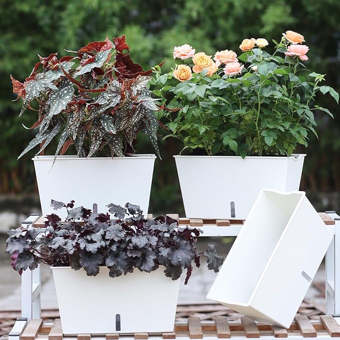Window Box Planter 6 Pcs, 12.1 Inches Self Watering Plant Pots Rectangle Flower Pots with Drainage Holes and Breathable Trays, Vegetable Planters for Windowsill Patio Garden Balcony Porch Yard (White) - Bloomnest