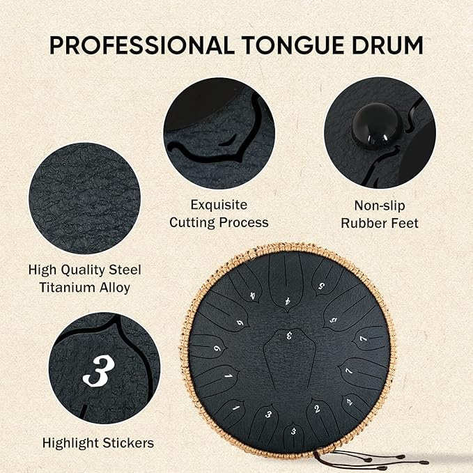 Steel Tongue Drum 12 Inch 15 Notes: Handpan Drums Set with Music Book Mallets Carry Bag - Hand Pan Instrument for Adults Musical Education Meditation Yoga Chakra (Black)