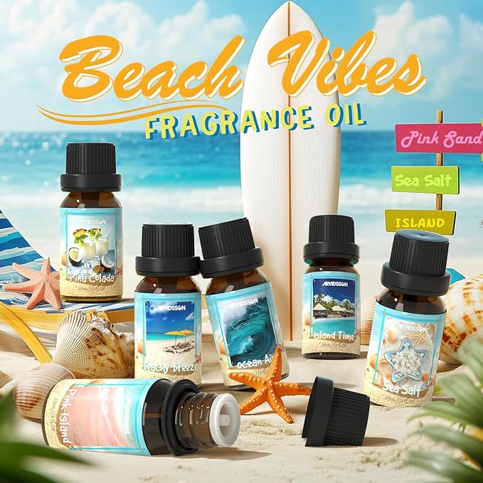 Beach Fragrance Oils Set, ARVIDSSON Summer Essential Oils for Diffuser - Beachy Breeze, Ocean Air, Pina Colada, Pink Sand, Sea Salt, Island Time, Tropical Scented Oil - Bloomnest