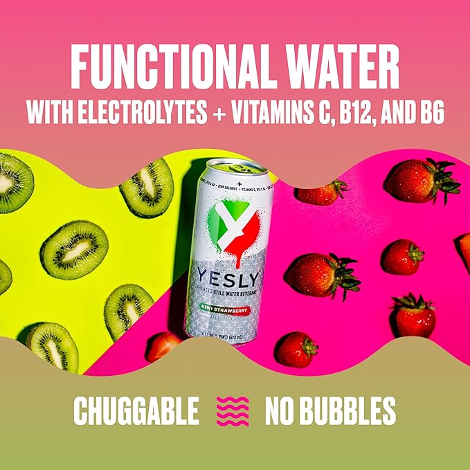 Yesly Functional Water, Kiwi Strawberry, Naturally Flavored Still Water with Electrolytes, Magnesium, Potassium, Vitamin C, B6 & B12, Zero Sugar, No Artificial Sweeteners, 16 Fl Oz Cans, 12 Pack