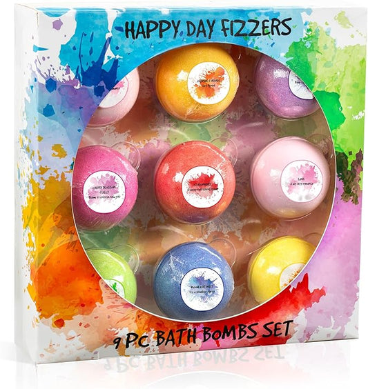 Happy Day Fizzers Aromatherapy 9 Pcs Large Bath Bomb Gift Set for Women – Relaxing Aromatherapy Home Spa Birthday Christmas Gifts for Mom (Happy Day Fizzer 2.0) - Bloomnest