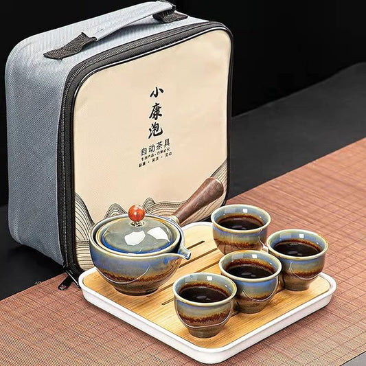 Ceramic Portable Travel Tea Set, Chinese Kungfu Tea Set with 360 Rotation Teapot and Infuser, 4 Tea Cups, Tea Tray And Travel Bag (Kiln Variant)