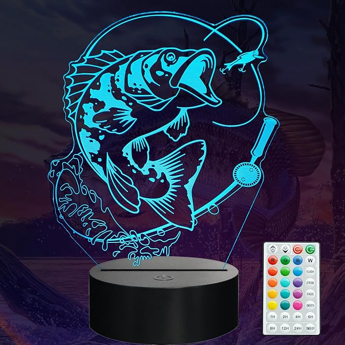 Fish Night Light, Fish 3D Illusion Lamp, Go Fishing Man Gifts with 16 Colors Changing, Timer, 4 Flash Modes and Dimmable, Kids Room Decoration, Xmas Fishing Gifts - Bloomnest