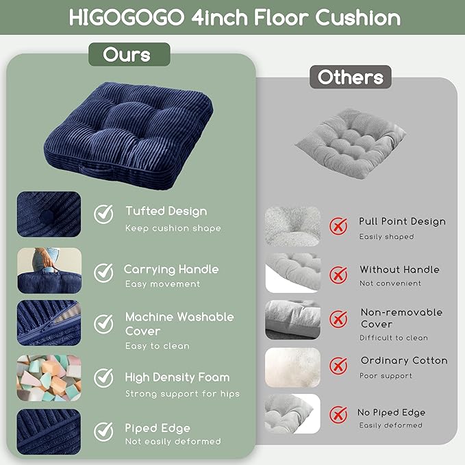 Washable Floor Pillow Cushion for Adults, Meditation Cushion Pillow, Large Square Floor Sitting, Removable Tufted Corduroy Cover, for Tatami Living Room or Yoga, 22x22 Inch, 2Pack, Machine Washable - Bloomnest