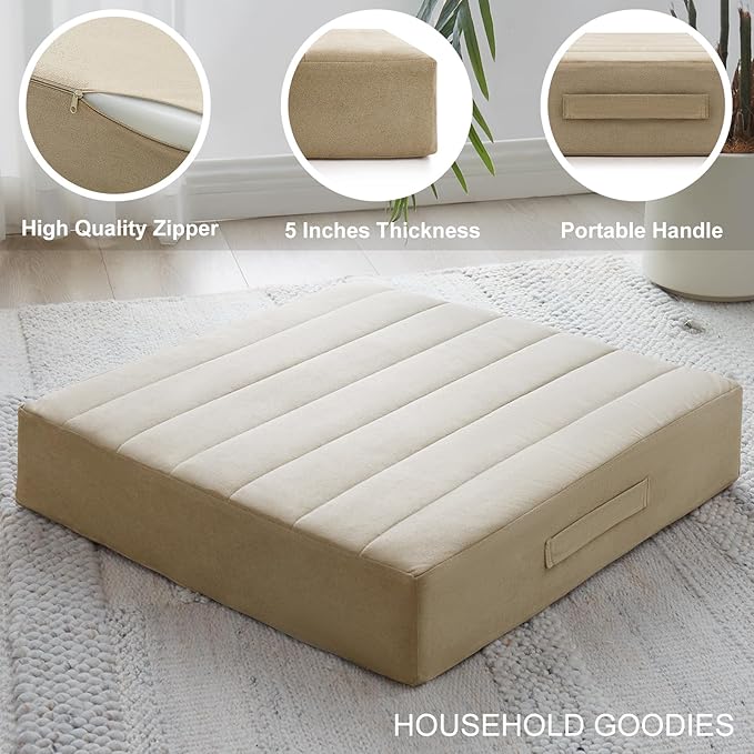 2 Pcs High Density Foam Floor Pillow - Upgraded Large Pillows Seating for Adults - Outdoor Floor Cushion with Soft Tufted Cover - Yoga Pillows for Sitting On Floor - 22 Inch Khaki - Bloomnest