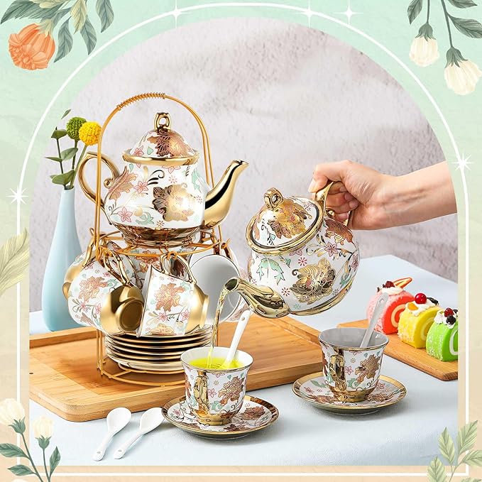 Zhehao 20 Pcs Porcelain Tea Set with Metal Holder and Spoon Adult Ceramic Tea Set European Flower Painting Teapot Cup Saucer Spoon for Women, Large Version(Elegant Style) - Bloomnest
