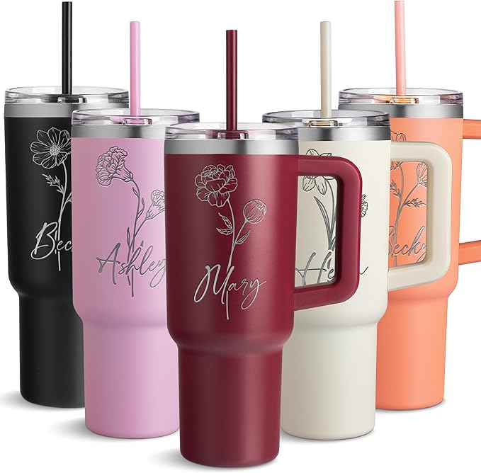 Custom Engraved 40 Oz Tumbler with Handle - Personalized Birth Flower and Name Design, Insulated Coffee Cup - Birthday Gifts for Women, Maroon - Bloomnest
