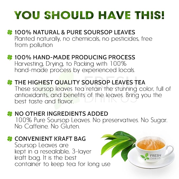 FreshDrinkUS, Premium 30+ Soursop Graviola Dried Leaves, Natural Whole Soursop Leaves, Wildcrafted, Hoja Guanabana, Loose Leaf Herbal Tea, No Gluten, Vegan - Bloomnest