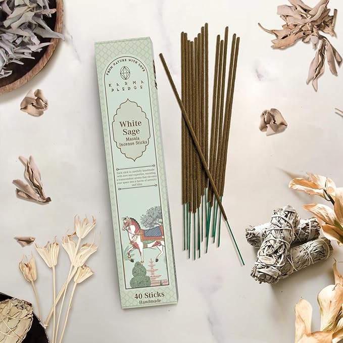 Incense Sticks, White Sage Incense, Made with Natural Ingredients, Hand Rolled Aromatic Masala, 40 Stick Pack, 45-60 Minute Burn Time, Best for Home Fragrance, Meditation, Yoga, Spiritual Healing KARMAPLEDGE