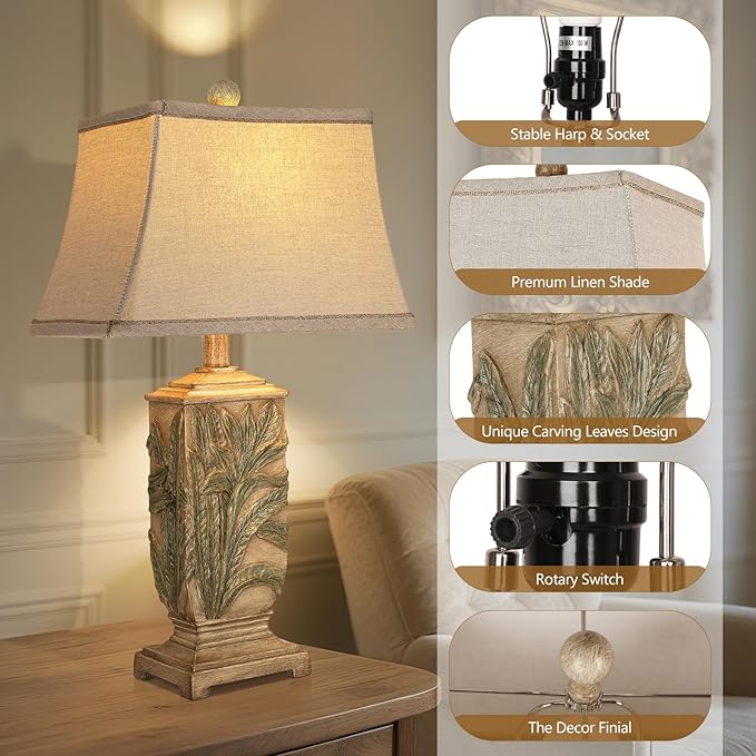WIHTU 25" Vintage Table Lamps, 3 Color Temperature Rustic Retro Beside Lamp Set of 2, Farmhouse Resin Table Lamp for Living Room Bedroom Nightstands, Rotary Switch, Carved Leaf(2 Bulbs Included) - Bloomnest