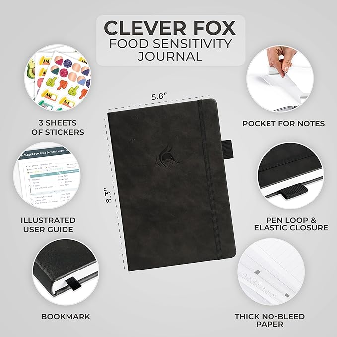 Clever Fox Food Sensitivity Journal – Daily Intolerance & Symptom Log for IBS, Diabetic, Low Fodmap, Elimination Diet – Health Tracker (Black) - Bloomnest