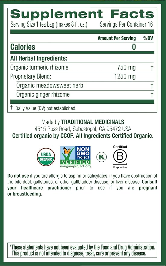 Traditional Medicinals Organic, Turmeric Tea with Ginger & Meadowsweet - Supports Normal Response to Inflammation - Kosher, Non-GMO, Caffeine-Free, Compostable - 16 Tea Bags - Bloomnest