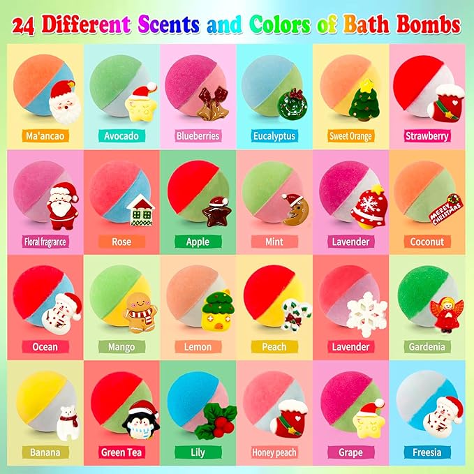 VVBAODL Christmas Bath Bombs Advent Calendar for Kids - 24 Days Bath Bomb Set with 24 Surprise Toys Inside, Xmas Countdown Calendar Gift for Girls & Boys (2025) - Bloomnest