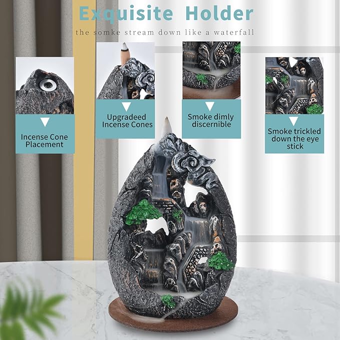 Backflow Incense Holder Resin Mountain Incense Burner Fountain Waterfall Incense Holders Home Decor with 120 Pcs Backflow Incense Cones 30 Pcs Incense Sticks (Creek) - Bloomnest