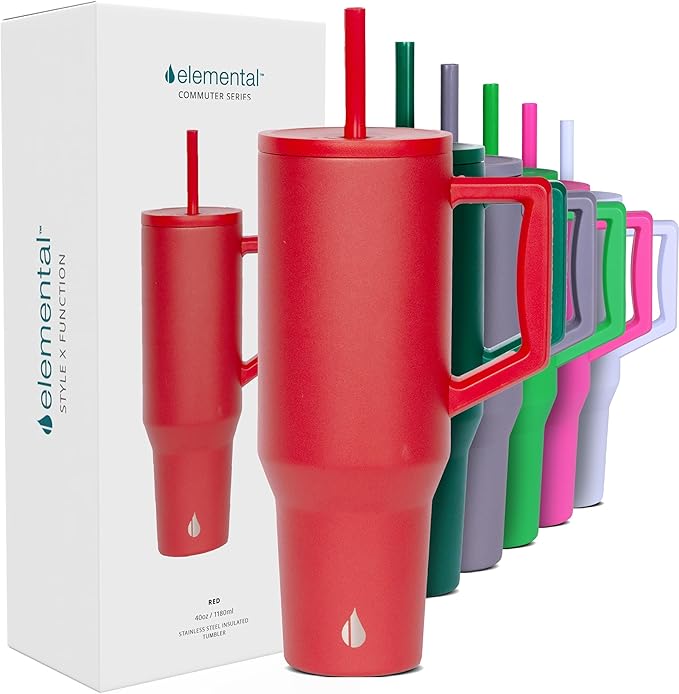 Elemental 40 oz Tumbler with Handle and Straw - Spill Proof Insulated Stainless Steel Commuter for Hot and Cold Beverages - Travel Coffee Mug with 2 Straws & Spill Proof Lid - 40oz - Red - Bloomnest