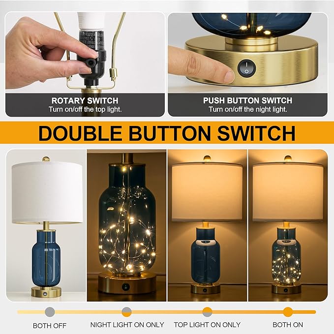 Oneach 22" Glass Table Lamps Set of 2, Blue Modern Bedside Lamp with LED Night Light for Living Room, Nightstand Lamp with USB Ports for Bedrooms, Study Room, End Table(2 Bulbs Included) - Bloomnest