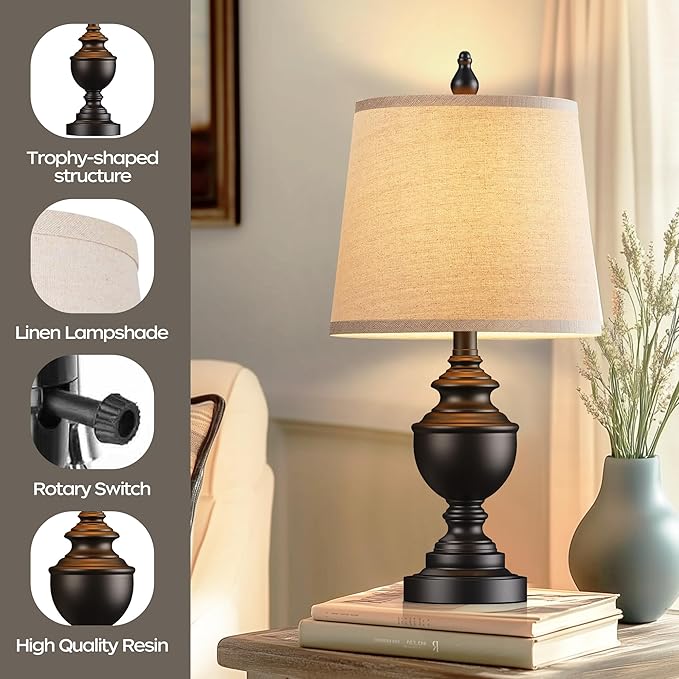 PARTPHONER Retro Table Lamps Set of 2, Bedside Lamp for Bedroom Rustic Farmhouse Table Lamps for Living Room, Vintage Nightstand Lamps with White Shades, Matte Black - Bloomnest