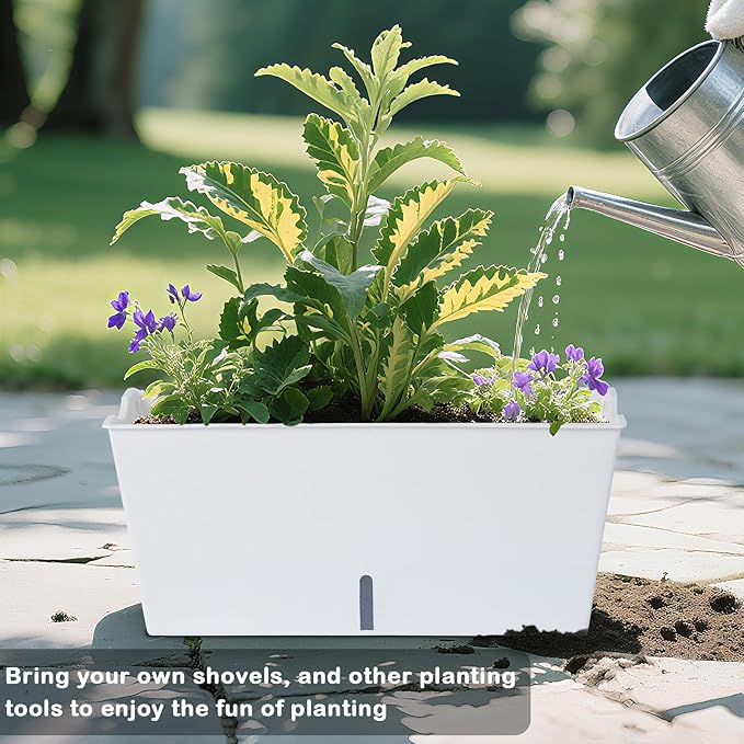 Window Box Planter 6 Pcs, 16.5 Inches Self Watering Rectangle Flower Plant Pots with Drainage Holes Trays, Vegetable Planters for Windowsill Patio Garden Balcony Porch Yard (White) - Bloomnest