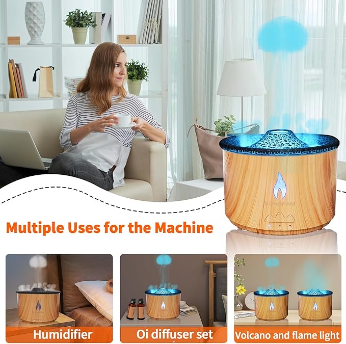 BOHOFAM Aroma Essential Oil Diffuser 360 ML,Volcano and Flame Diffuser/Humidifier,Give1.76 oz Hotel Collection Diffuser Oils,7 Colorful Light Change,Diffusers for Home,Large Room(Wood Grain) - Bloomnest