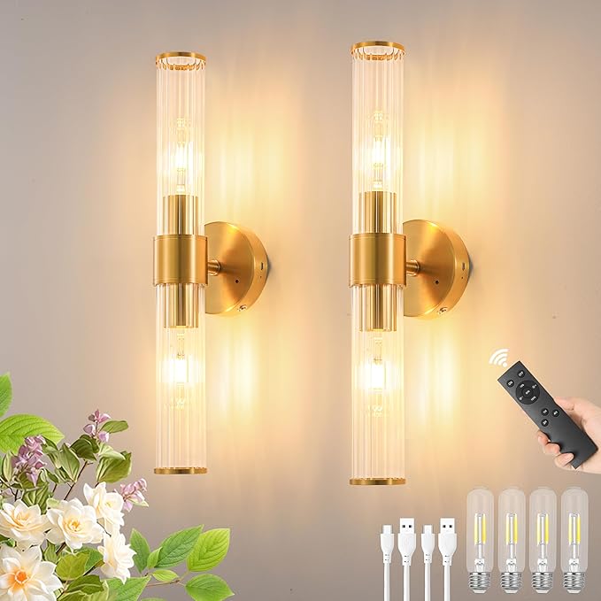 Gold Battery Operated Wall Sconces Set of Two, Rechargeable Wall Sconce with Dimmable Remote Control, 20 Inch Wireless Sconce Wall Light for Bedroom, Living Room (Bulbs Included) - Bloomnest