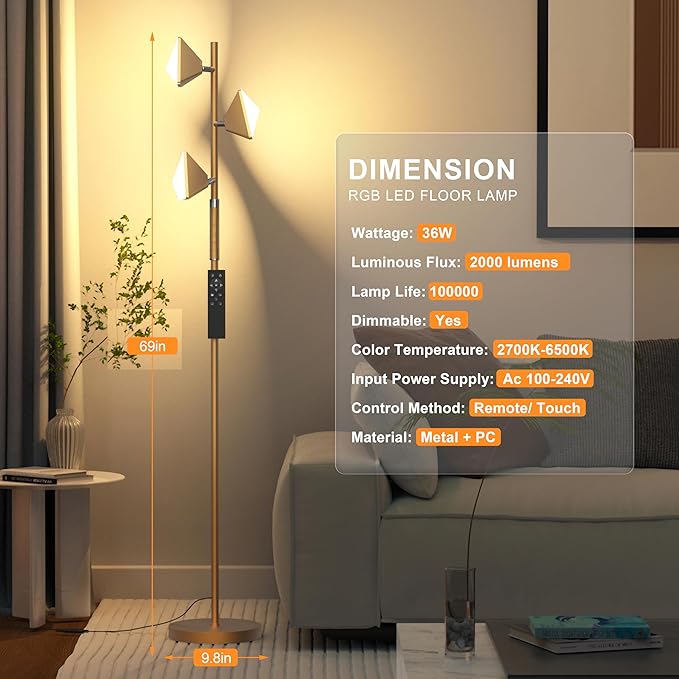 PARTPHONER RGB Tree Floor Lamp for Living Room, Stepless Dimmable Tall Standing Lamp with Remote, Touch Control and 3 Rotatable Light, Bright LED Lights for Bedroom with 4 Color-Changing, Gold - Bloomnest