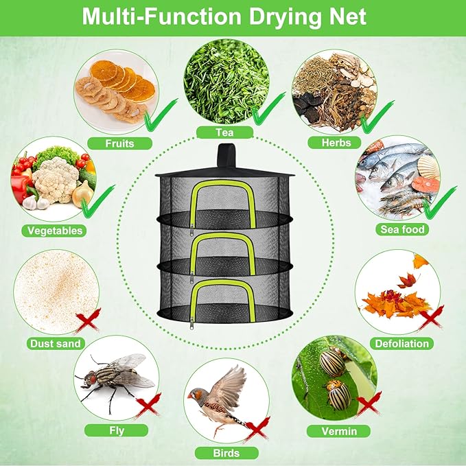 3 Layer Herb Drying Rack, Herb Drying Rack Hanging Mesh, Foldable Bud Drying Net with U-Shaped Zipper, Hooks, for Drying Herbs Plants, Flowers, Fruits, Food, Camping (3 Layers-23.62'') - Bloomnest