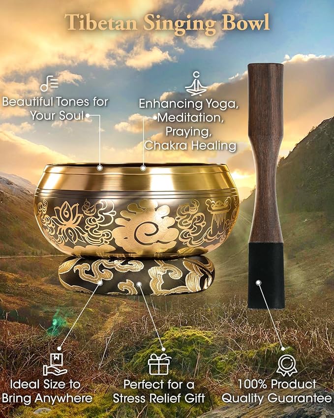 Tibetan Singing Bowls Set Authentic - Handmade in Nepal Sound Bowl for Yoga, Chakra, Meditation, Stress Relief Tool, Meditation Accessories and Unique Gifts for Women, Men RelaehihforEveryone