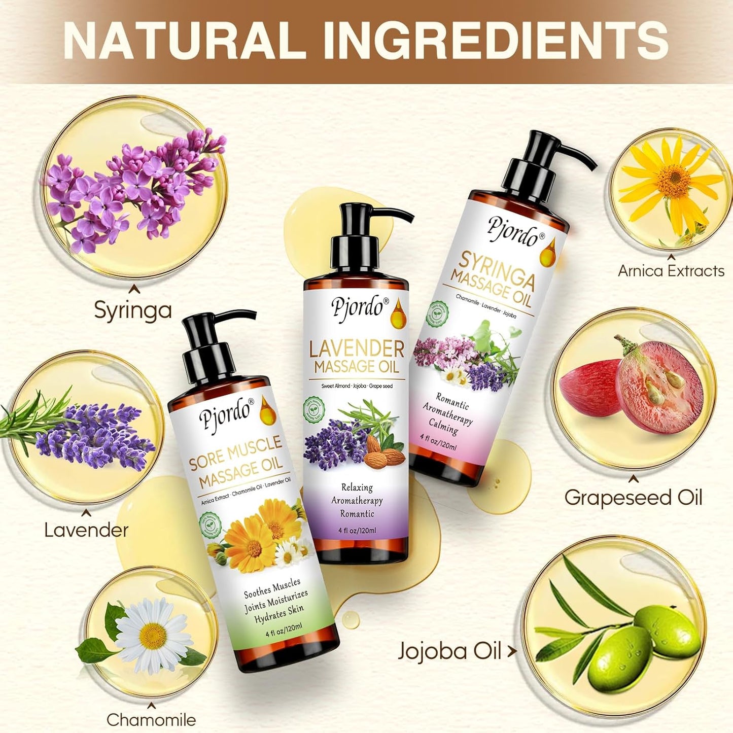 Body Massage Oil for Massage Therapy Kit, Lilac, Lavender, Sore Muscle Arnica Oil with Massage Roller Ball, Relaxing Massage Oils for Pain Relief, Spa Gift Set for Him Her