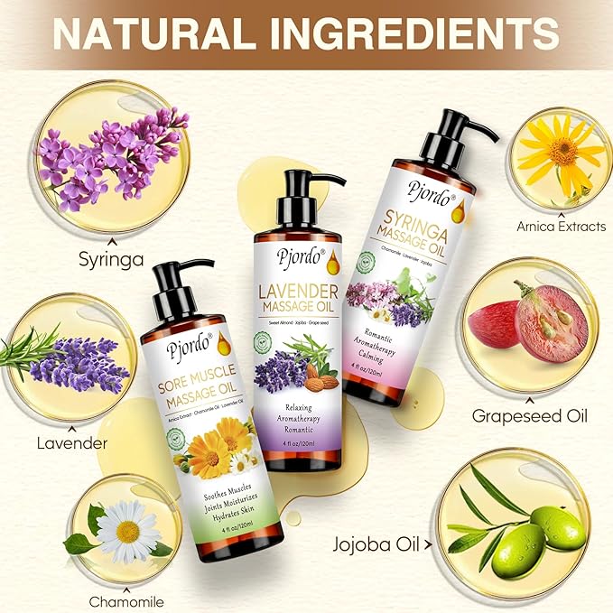 Body Massage Oil for Massage Therapy Kit, Lilac, Lavender, Sore Muscle Arnica Oil with Massage Roller Ball, Relaxing Massage Oils for Pain Relief, Spa Gift Set for Him Her - Bloomnest
