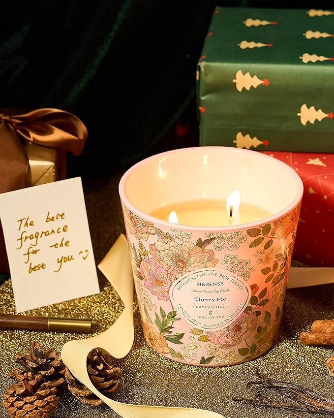 M&SENSE Cherry Pie Scented Candle, 28.2oz 3 Wick Natural Soy Wax Large Candles, Long Lasting Clean Slow Burning No Toxic Décor for Home Relaxation, Romantic Dates & Gift-Giving - Bloomnest