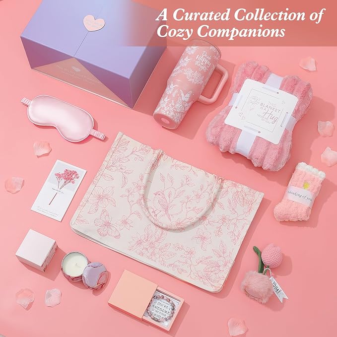 Birthday Gifts for Women, 10PCS Relaxing Self-Care Gift Basket with Flannel Blanket, 40 oz Tumbler, and Tote Bag – Get Well Soon Gift for Mom, Wife, Sister, Friends