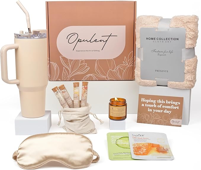 Opulent Luxury Self Care Gift Box for Women, Cozy Blanket, 40 oz Tumbler with Handle and Straw, Candle, Bath Salts, Spa Care Package, Mocha Mousse