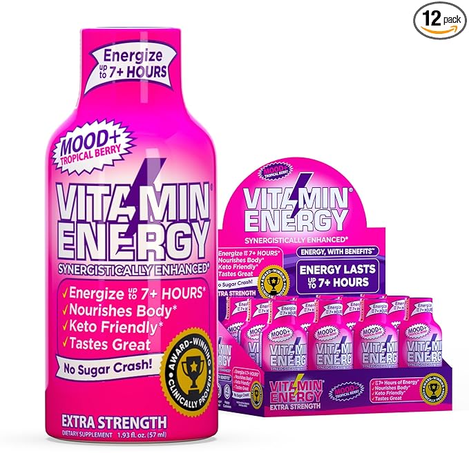 Vitamin Energy Mood+ Extra Strength Energy Shot Tropical Berry 12 Pack, 260mg Natural Caffeine, B-Vitamins, Rhodiola, Chamomile, Mood & Energy Support, Zero Sugar, Gluten-Free, Vegan, 1.93 fl oz - Bloomnest