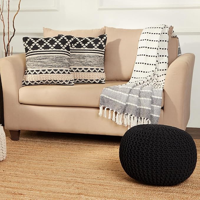 REDEARTH Round Pouf Foot Stool Ottoman - Hand Knitted Bean Bag - Cord Boho Pouffe - Cable Poof Footrest for Living Room - Nursery - Bedroom - Patio - 100% Cotton - Home Decor (19.5"x19.5"x14") - Black - Bloomnest