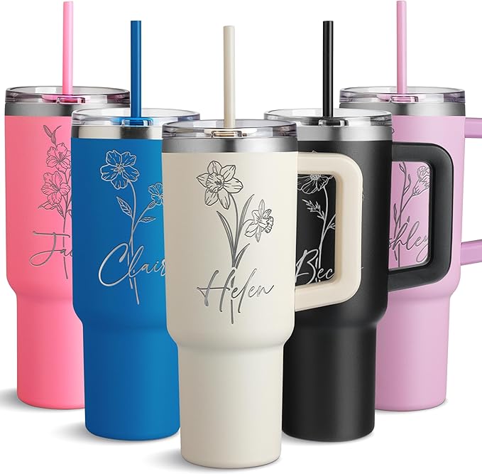 Custom 40 Oz Birth Flower Tumbler with Handle - Engraved Name and Insulated Stainless Steel Mug for Hot or Cold Drinks - Birthday Gifts for Women, Cream - Bloomnest