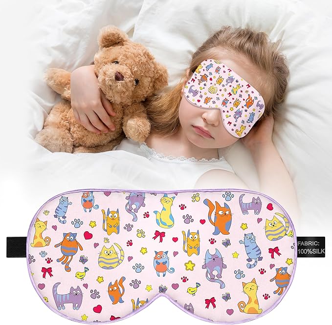 Kids Sleep Mask Eye Cover: 100% Real Natural Pure Silk Eye Mask with Adjustable Strap, Funny Blindfold Kids Eye Mask for Sleeping, Soft & Lightweight Eye Shade for Boys Girls Teens (Cats Style) - Bloomnest