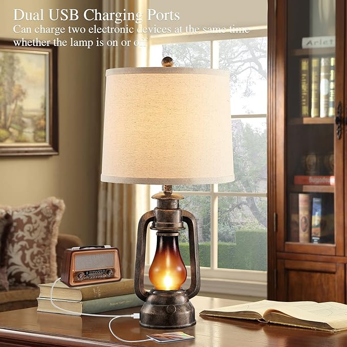 Farmhouse Rustic Table Lamps for Bedroom Set of 2, Vintage Lantern Lamp with Dual USB Charging Ports,25" Retro Antique Bedside Nightstand Desk Lamp for Living Room End Table Entryway, 4 Bulb Included - Bloomnest